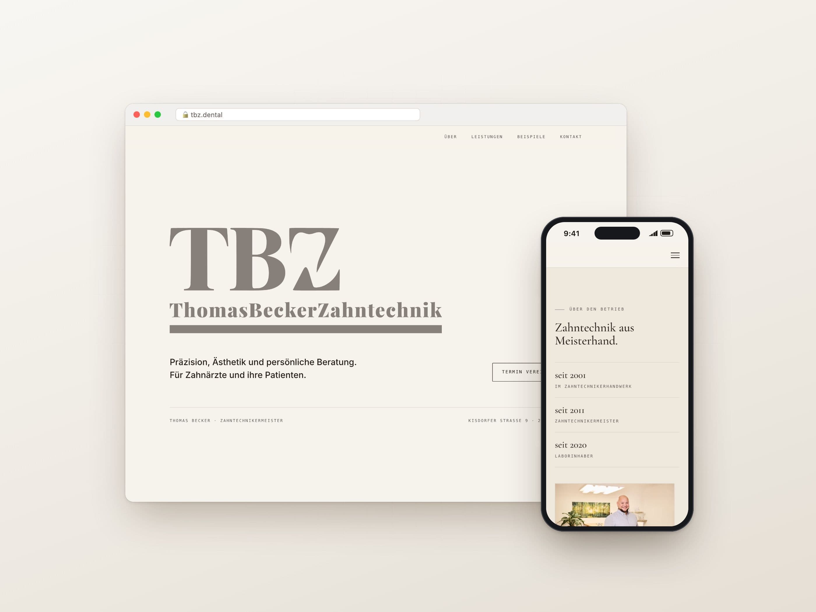 Website von TBZ Thomas Becker Zahntechnik: Startseite im Browser, „Über den Betrieb“ am Smartphone
